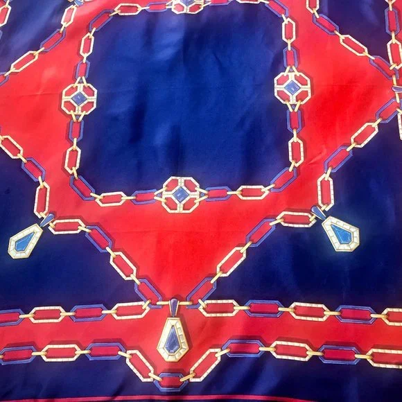 CARTIER Must de France Silk Scarf Vintage Navy Blue & Red Gold Chain Jewel Logo